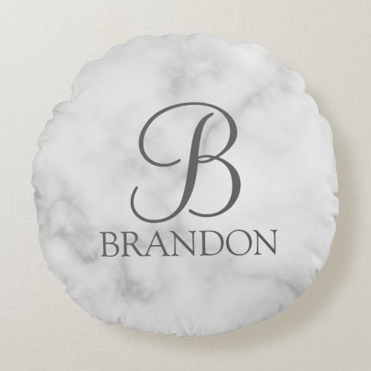 白い大理石パーソナライズされたスクリプトのモノグラムと名前 ラウンドクッション (正面)