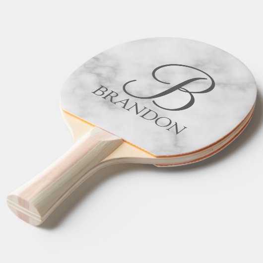 白い大理石パーソナライズされたスクリプトのモノグラムと名前 卓球ラケット (正面アングル)