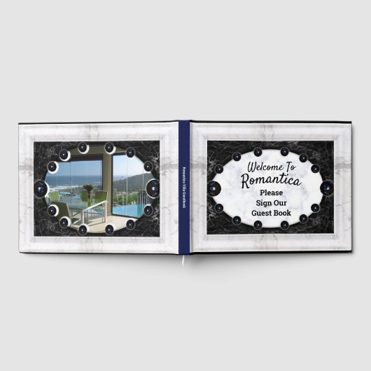 白い大理石フレーム黒い球体 ゲストブック (全面)