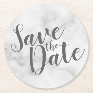 白い大理石モダンの結婚式を日付を保存 ラウンドペーパーコースター