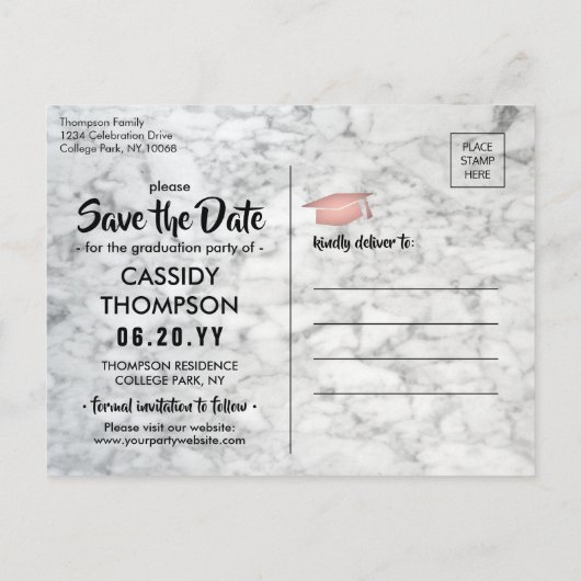 白い大理石&ピンク卒業写真デートの保存 ポストカード (裏面)