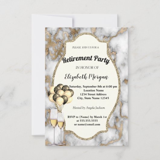 白い大理石、ワイングラス、風船、退職パーティー 招待状 (正面)