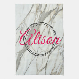 白い大理石、明るい赤紫色名前をカスタムする キッチンタオル