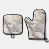 白い大理石、金ゴールドと灰色の静脈 鍋つかみ&鍋敷きセット (正面)