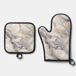 白い大理石、金ゴールドと灰色の静脈 鍋つかみ&鍋敷きセット