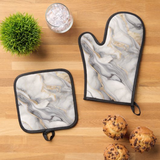 白い大理石、金ゴールドと灰色の静脈 鍋つかみ&鍋敷きセット (トップダウン)