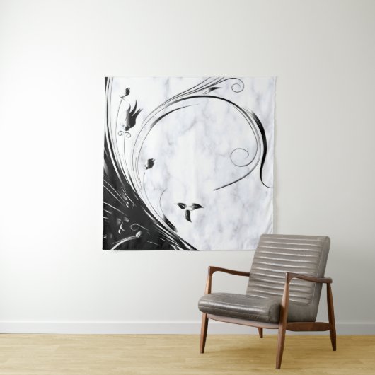 白い大理石、黒い塗りつぶしグラフィック タペストリー (インサイチュ)