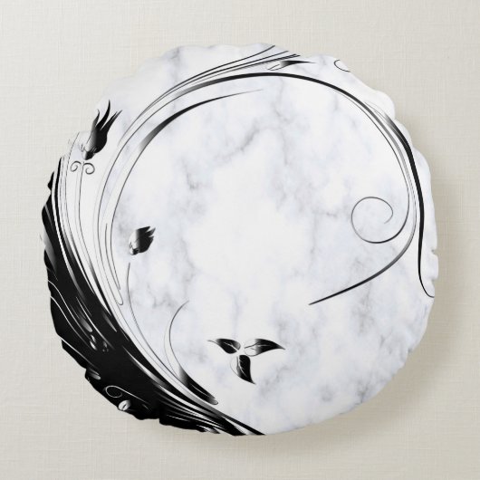 白い大理石、黒い塗りつぶしグラフィック ラウンドクッション (正面)