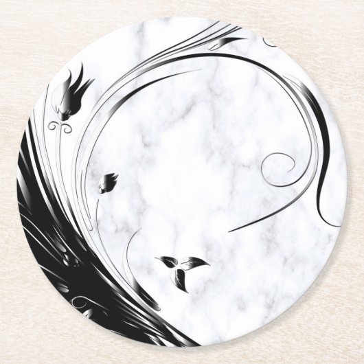 白い大理石、黒い塗りつぶしグラフィック ラウンドペーパーコースター (正面)