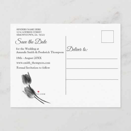 白い大理石 – 黒い抽象芸術チューリップ日付を保存 案内ポストカード (裏面)