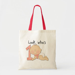 白い女の赤ちゃんの第1誕生日のTシャツおよびギフト トートバッグ