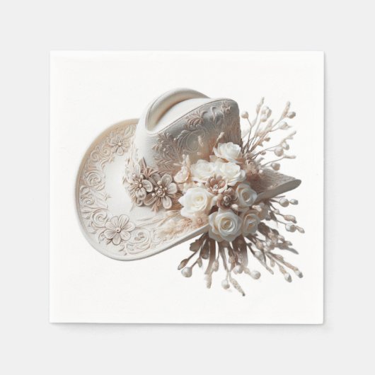 白い女性のカーボーイ帽子（花あり） スタンダードカクテルナプキン (正面)