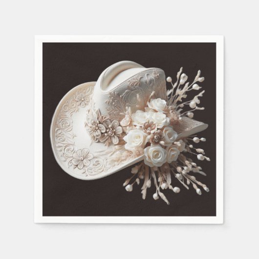 白い女性のカーボーイ帽子（花あり） スタンダードカクテルナプキン (正面)