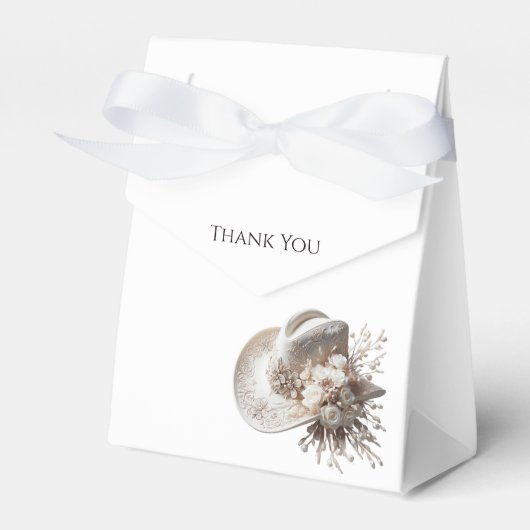 白い女性のカーボーイ帽子（花あり） フェイバーボックス (正面サイド)