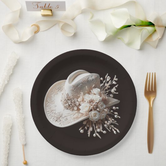 白い女性のカーボーイ帽子（花あり） ペーパープレート (ウェディング)