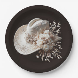 白い女性のカーボーイ帽子（花あり） ペーパープレート