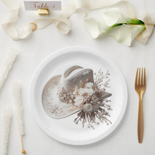 白い女性のカーボーイ帽子（花あり） ペーパープレート (ウェディング)