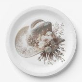 白い女性のカーボーイ帽子（花あり） ペーパープレート (正面)