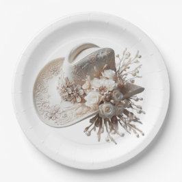 白い女性のカーボーイ帽子（花あり） ペーパープレート