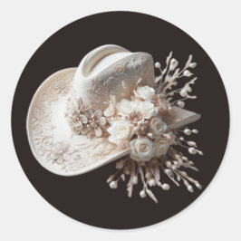 白い女性のカーボーイ帽子（花あり） ラウンドシール