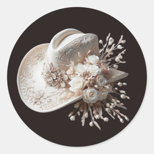 白い女性のカーボーイ帽子（花あり） ラウンドシール (正面)