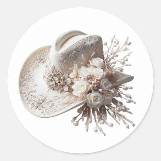 白い女性のカーボーイ帽子（花あり） ラウンドシール (正面)