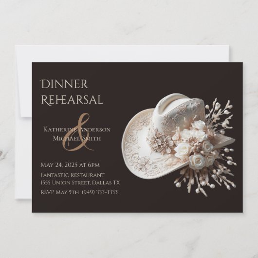 白い女性のカーボーイ帽子（花あり） 招待状 (正面)