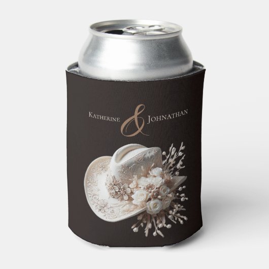 白い女性のカーボーイ帽子（花あり） 缶クーラー (缶正面)