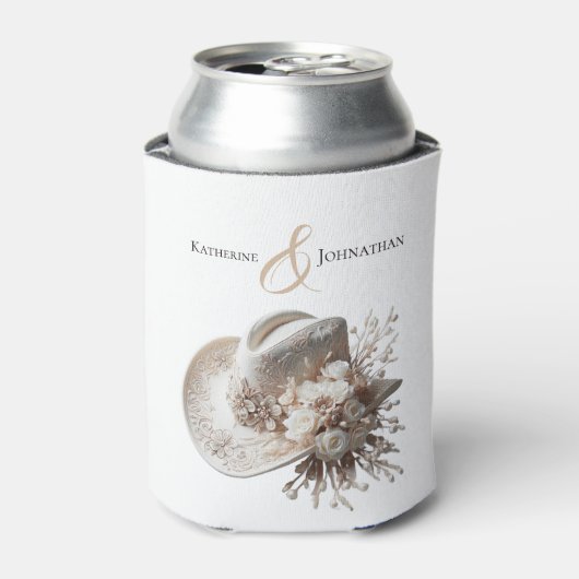 白い女性のカーボーイ帽子（花あり） 缶クーラー (缶正面)