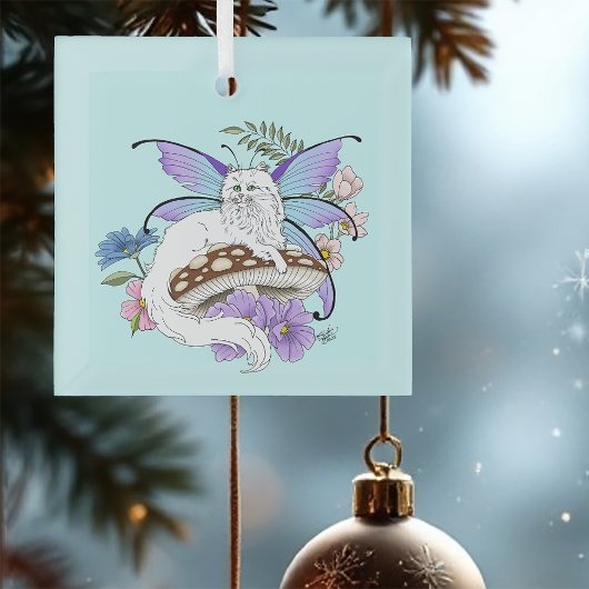 白い妖精のネコ ガラスオーナメント