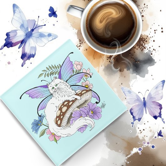 白い妖精のネコ ガラスコースター