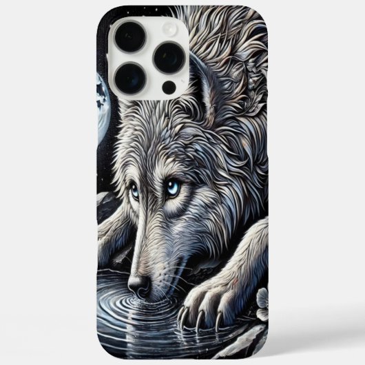 白い威厳のあるオオカミが月の光の反射を見る Case-Mate iPhoneケース (裏面)
