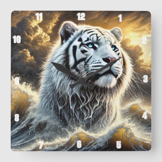白い威厳のあるタイガーストミー海の背景 スクエア壁時計 (正面)