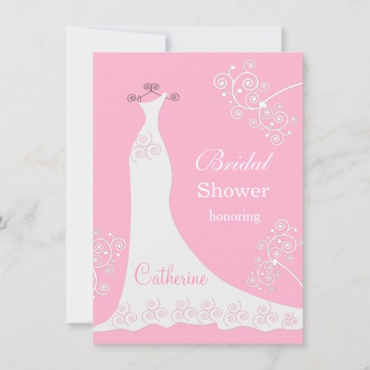 白い婚礼衣裳、ピンクのブライダルシャワーの渦巻 招待状 (正面)