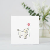 白い子犬がピンクの花を嗅ぐ 招待状 (スタンド正面)