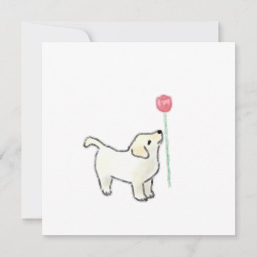 白い子犬がピンクの花を嗅ぐ 招待状 (正面)