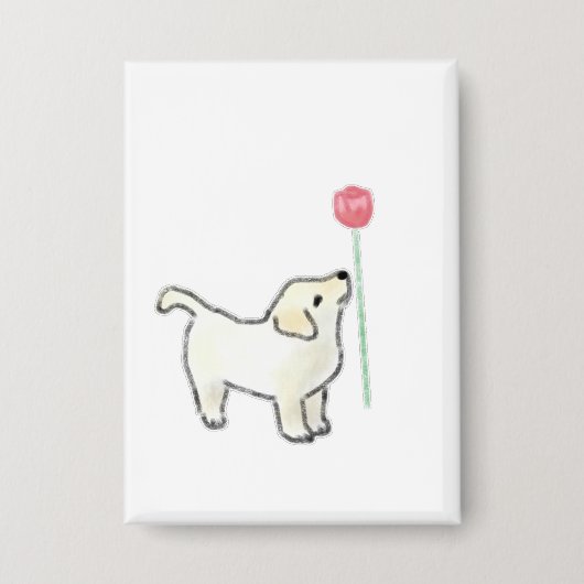 白い子犬がピンクの花を嗅ぐ 缶バッジ (正面)