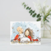 白い子犬とカップル ポストカード (スタンド正面)