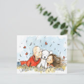 白い子犬とカップル ポストカード (スタンド正面)