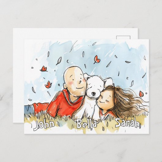 白い子犬とカップル ポストカード (正面/裏面)