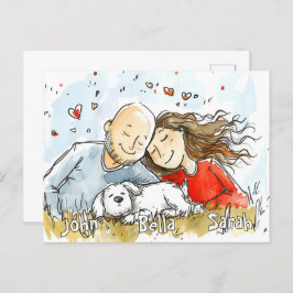 白い子犬とカップル ポストカード