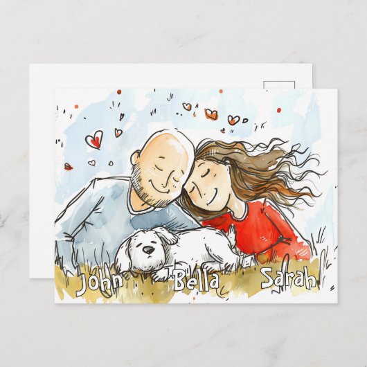 白い子犬とカップル ポストカード (正面/裏面)