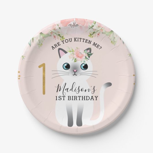 白い子猫が私を1歳の誕生日に ペーパープレート (正面)