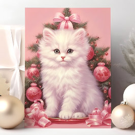 白い子猫とピンクのクリスマスツリーのホリデーカード シーズンカード