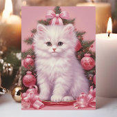 白い子猫とピンクのクリスマスツリーのホリデーカード シーズンカード