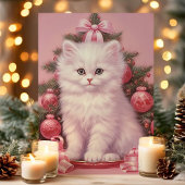 白い子猫とピンクのクリスマスツリーのホリデーカード シーズンカード