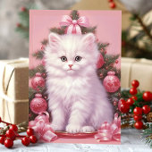 白い子猫とピンクのクリスマスツリーのホリデーカード シーズンカード