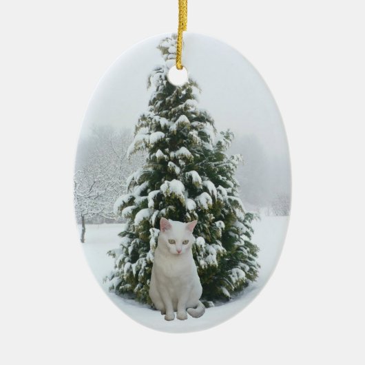 白い子猫のクリスマスのオーナメント セラミックオーナメント (正面)