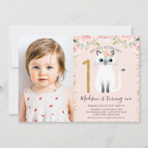 白い子猫は私を子猫Photo 1st Birthday 招待状