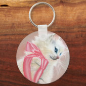 白い子猫ネコのピンクボウのキーチェーン キーホルダー (正面)